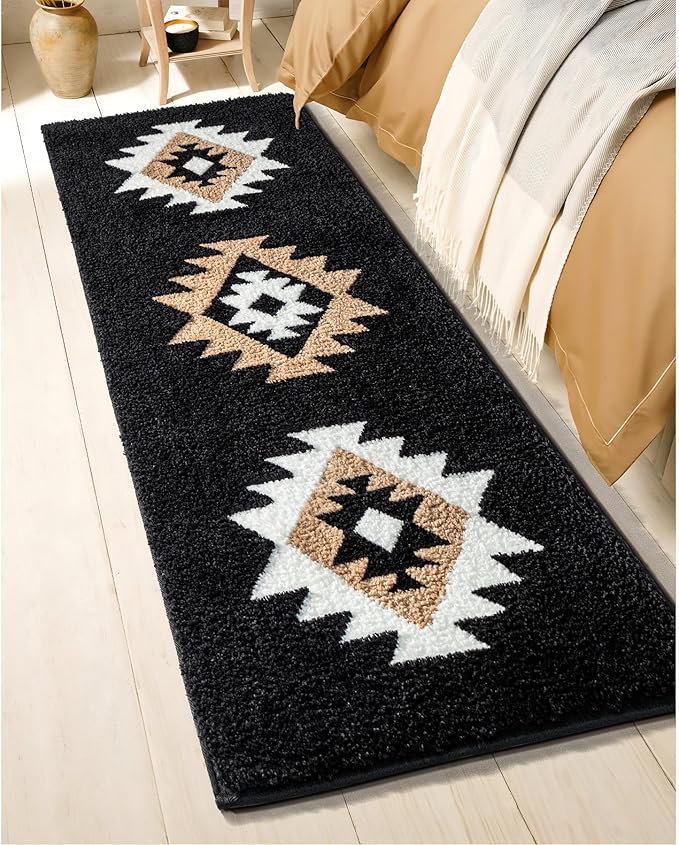 DEXDE Boho Bathroom Runner Rugs 20x72, Long Bath Mats for Bathroom Bedroom Hallway Kitchen Luxury Soft Absorbent Large Bath Rugs Modern Geometric Carpet Western Farmhouse Carpet, Black White