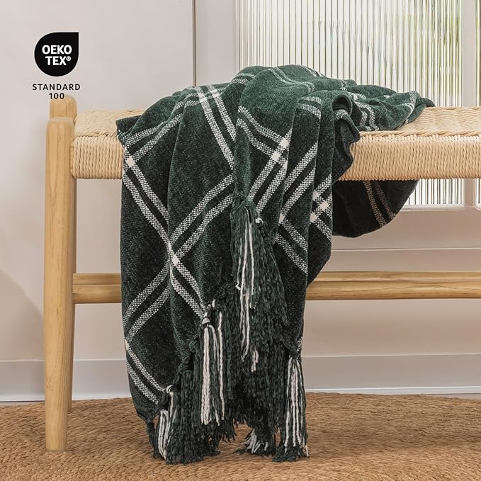 EVERGRACE Plaid Chenille Throw Blanket for Couch, Super Soft Cozy Decorative Windowpane Grid Plaid Throw with Tassels, Lightweight Chenille Knit Throw for Bed Sofa Gift, Dark Green & White 50”x60”