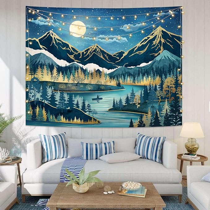 Kanuyee Boho Mountain Tapestry Moon Landscape Wall Tapestry, Nature tapestries for Bedroom Ceiling Tapestries Wall Hanging for Bedroom Living Room Wall Decor Mountain-1 44"x60"