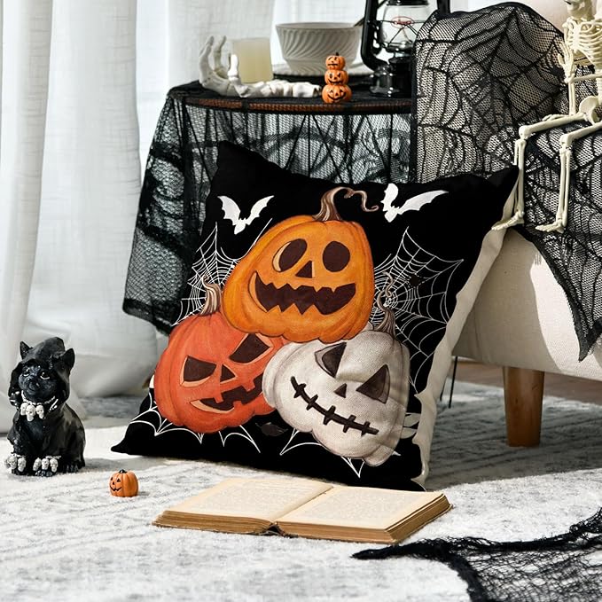 AVOIN colorlife Halloween Pumpkin Jack-O'-Lanterns Bat Throw Pillow Cover, 18 x 18 Inch Holiday Farmhouse Black Cushion Case Decoration for Sofa Couch