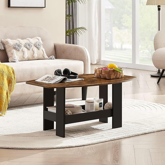 VECELO Coffee Table for Living Room with Storage Compartment Shelf, Rustic Brown