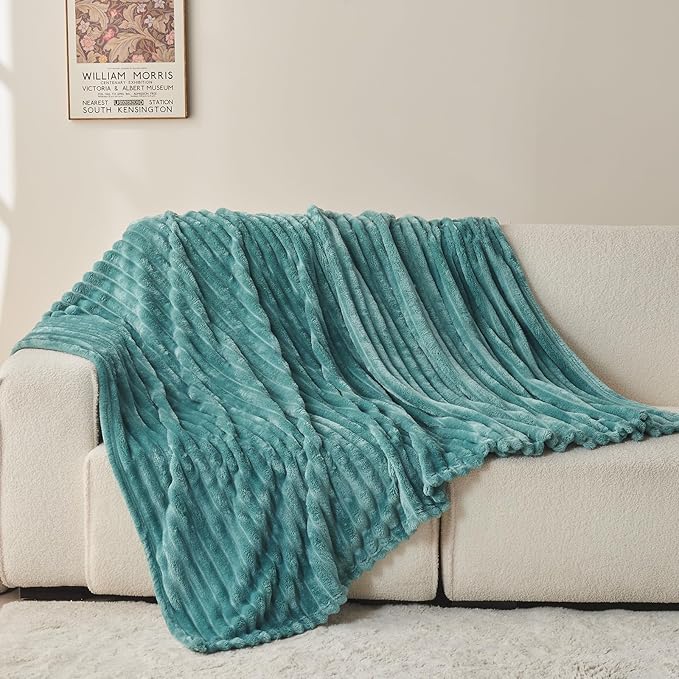 NEWCOSPLAY Super Soft Twin Blanket Light Teal Premium Silky Flannel Fleece 3D Ribbed Jacquard Lightweight Bed Blanket All Season Use (Light Teal Ribbed, Twin(60"x80"))