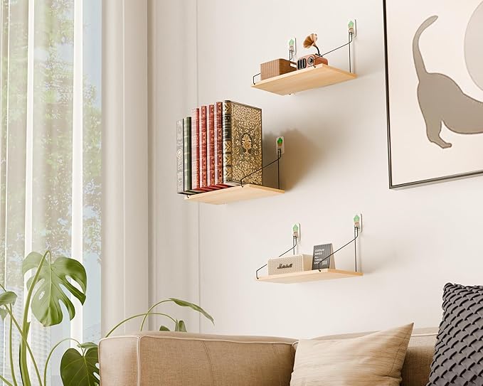 Elevate Your Space with Rustic Wood Floating Shelves Set of 3- Perfect for Bedroom, Living Room, Bathroom, and Kitchen Decor - Easy Installation, No Drilling Needed!