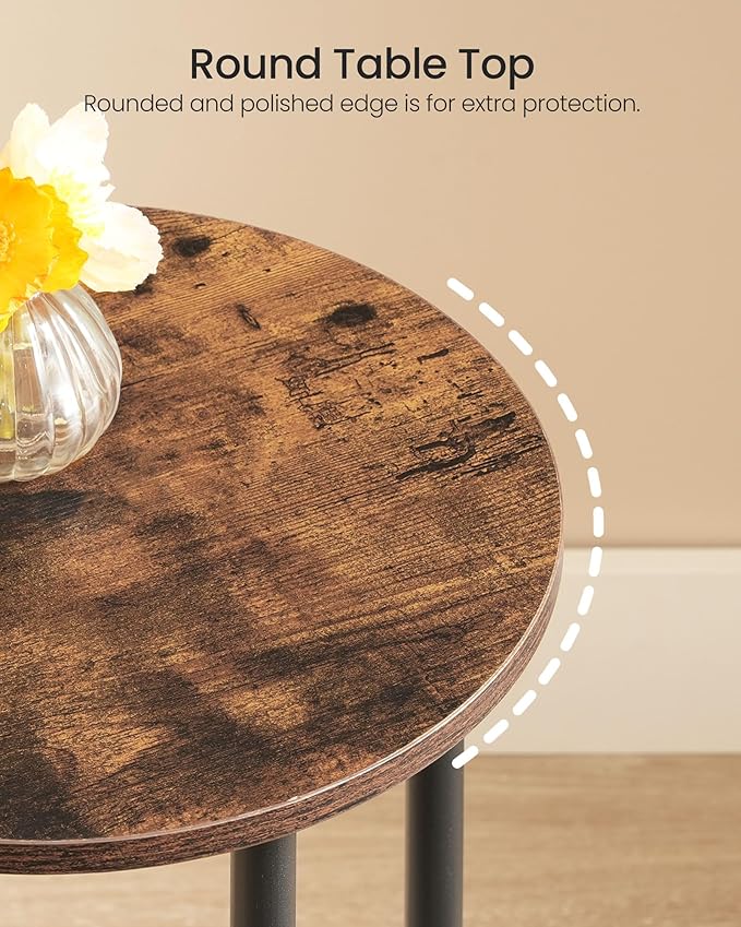 Round Side Table, 2-Tier End Table, Small Round Nightstand with Sturdy Metal Tube, Industrial Circular Coffee Table, for Living Room, Bedroom, Rustic Brown and Black TBZ01BF