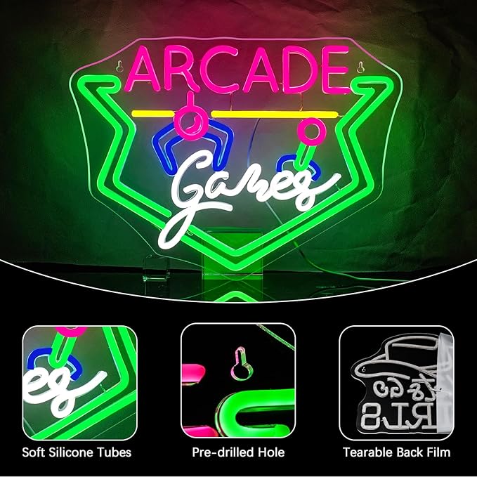 NEONLOVE Arcade Game Neon Sign for Wall Decor - Green LED Light for Game Room, Business - Acrylic, Dimmable, Theme Light Up Sign