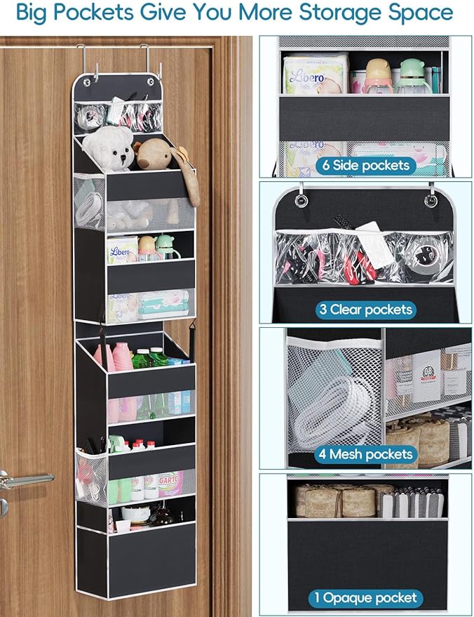 Over the Door Organizer Storage - Zippered 6 Shelf Behind Door Hanging Organizer with 8 Large Pockets, Anti-Tilt Design for Nursery, Bathroom, Bedroom, Kitchen, Dorm, Camper, Toys, Diapers, Cosmetics