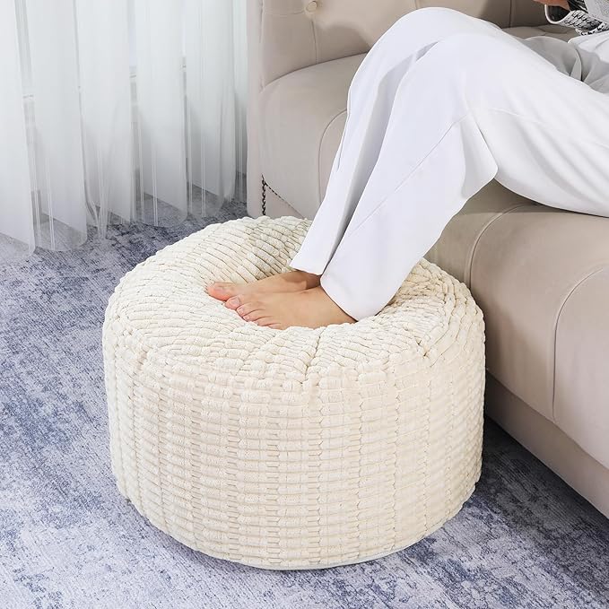 HOMBYS Unstuffed Ottoman Pouf Cover,Round Faux Fur Foot Stool, Fuzzy Chair, Floor Bean Bag(No Filler),Foot Rest with Storage for Living Room, Bedroom, Office, Striped Tufted (Beige)
