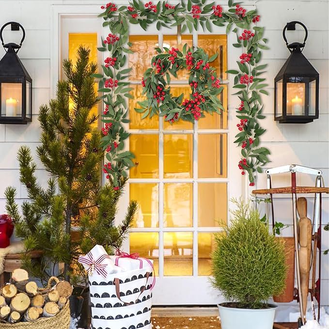 Artificial Hanging Willow Vines with Red Berry Christmas Garland 2Pcs-6FT Faux Hanging Willow Leaf Ivy Red Berries Greenery Rattan Christmas Wedding Party Wall Mantel Home Winter Indoor Outdoor Decor