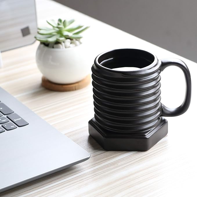 3D Ceramic Cool Mug Black Coffee Mugs Porcelain Attractive Day Gift Mug-Screw Cap Shape Durable Cup Gifts for Man Father Dad Grandfather Women Home Office 12 oz