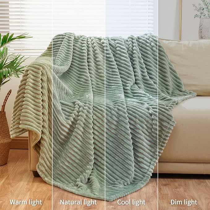 Bnuitland Sage Green Flannel Throw Blanket (90X108 inches) with Storage Pouch, 300GSM Super Soft Lightweight Cozy Fleece Stripe Pattern for Bed Sofa Home Decor, Suitable for Adults All Season