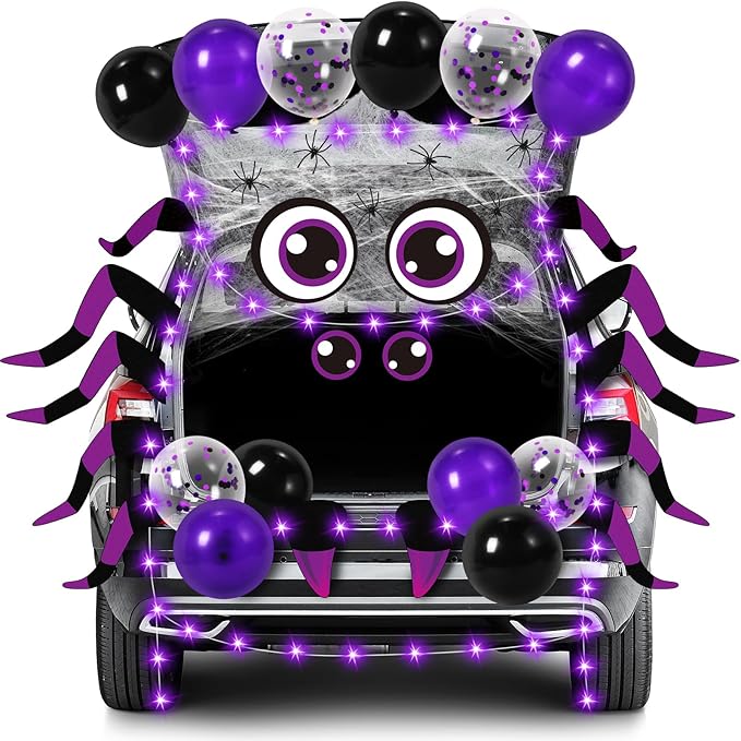 Halloween Trunk or Treat Car Decorations Kit - Halloween Car Decor with Spider Web, Balloons, Purple String Lights, Halloweens Spider Outdoor Decorations for Cars SUV Garage Door Entryway Archway