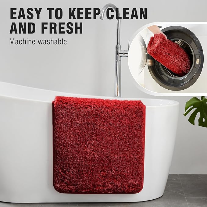 TECHMILLY Super Soft Shaggy Bathroom Runner Rugs, Absorbent Thick Non Slip Microfiber Bath Rugs, Quick Dry Machine Washable Bath Mat for Bathroom Floor, Bathtub and Shower 17"x47" Red