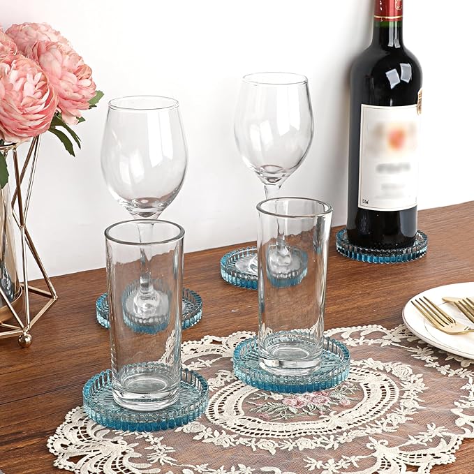 Modern Clear Coaster Set of 8- Glass Coasters for Drinks Crystal Coasters Round Cup Coasters Coffee Table Decor for Office, Kitchen, Bar, Dining Room, Living Room, Patio(Clear Blue)