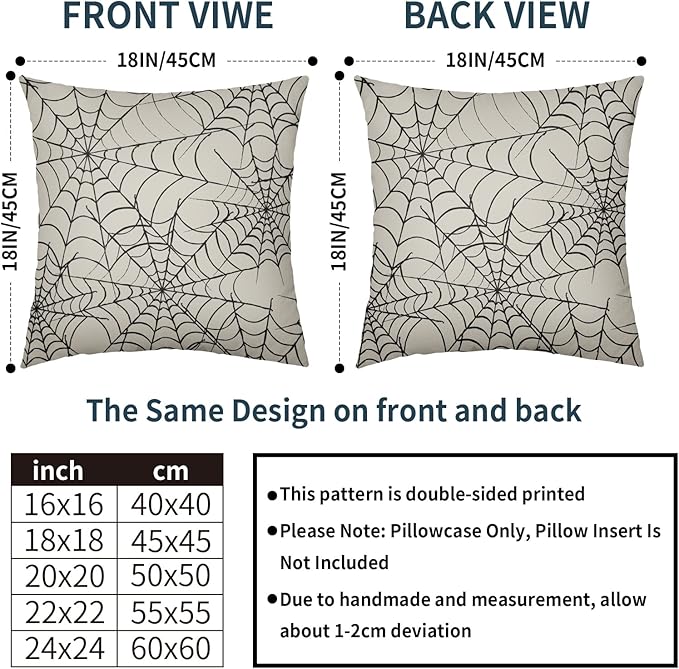 Cream Halloween Spiderweb Pillow Covers 16x16 Set of 2 Black Web Outdoor Decorative Throw Pillows Halloween Scary Themed Farmhouse Pillowcases Linen Cushion Case Decor for Home Sofa Couch Bed