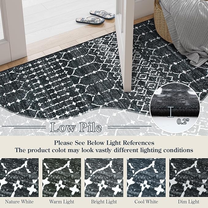 Lahome Moroccan Black Area Rugs 8x10 Living Room - Non-Slip Backing Ultra-Thin Large Rug Throw Stain Resistant Dining Room Rugs for Under Table, Geometric Print Modren Soft Rug for Bedroom Office