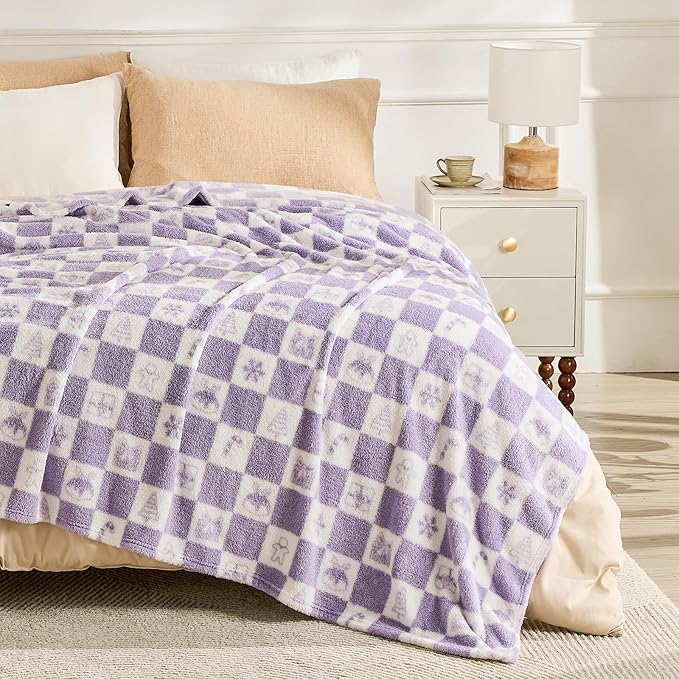 EMME Checkered Blanket Twin Size - 60"x80" Lavender Knit Blanket Soft Fluffy Patterned Blankets for Couch, Sofa, Chair, Bed, Camping, Picnic, Travel