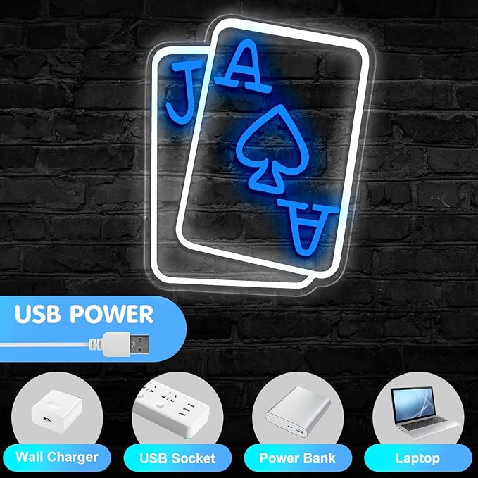Playing Cards Neon Signs for Wall Decor, Poker Adjustable Led Neon Light, Blue White Usb Light Sign for Bedroom Casino Bar Hotel Play Room Birthday Party Decor