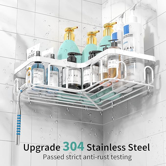 Moforoco Corner Shower Caddy, 3 Pack Organizer with Soap Holder and 12 Hooks, Adhesive Shelves Rustproof for Bathroom, Storage Basket with Accessories (White)