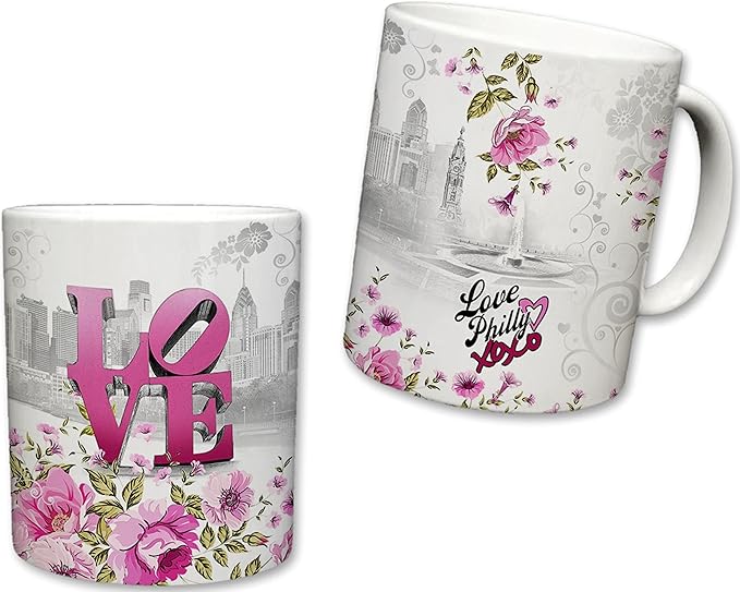 City of Philadelphia Inspired Mug | Ceramic Coffee Cup | Downtown Skyline Background | Liberty Bell & Love Park | Pink Floral | Philly XOXO | Novelty Gift | 11 Fl. Oz (White/Pink)