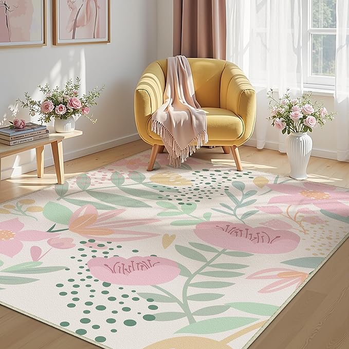 Pink Area Rug 4x6 Washable Office Carpet Boho Living Room Door Mat Non Slip Kitchen Soft Cute Bedroom Botanical Indoor Accent Rug for Dining Room Nursery Bathroom Farmhouse