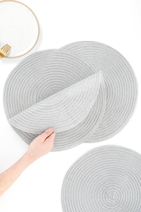 Floroom 15 Inch Round Braided Placemats Set of 6, Washable Heat Resistant Cotton Polyester Circle Place Mats for Kitchen Dining Table - Shimmer Silver