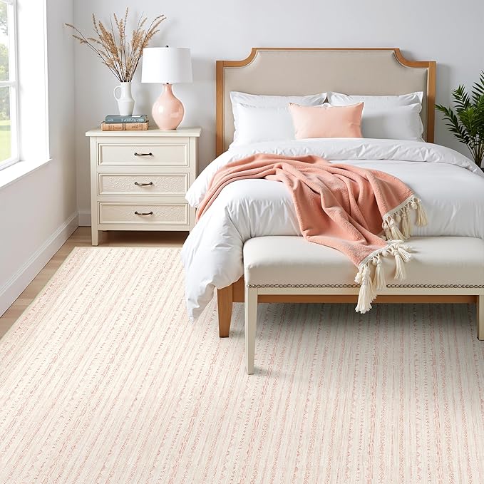 Pink Nursery Boho Area Rugs 9x12 Living Room, Moroccan Large Rug Farmhouse Washable Rug with Non-Slip Backing, Neutral Morden Indoor Carpet for Bedroom Dining Room