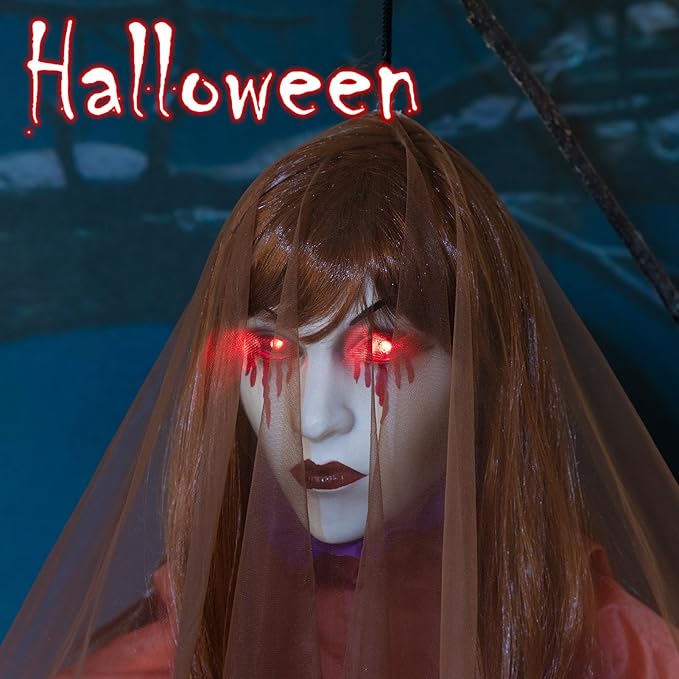 HollyHOME Halloween Hanging Ghost Sound Activated Ghost Girl with Red Glowing Eyes and Creepy Screaming Sound Halloween Outdoor Haunted House Decorations 45 ‘’