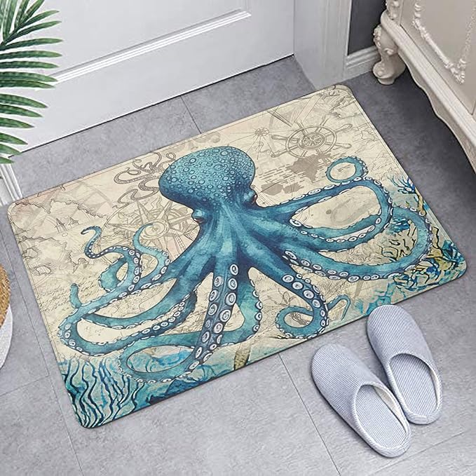 Britimes Blue Bath Mat for Bathroom, Sea Theme Octopus Washable Cover Floor Rug Carpets Floor Mat Bathroom Decorations 16x24 Inches for Kitchen Bedroom Indoor