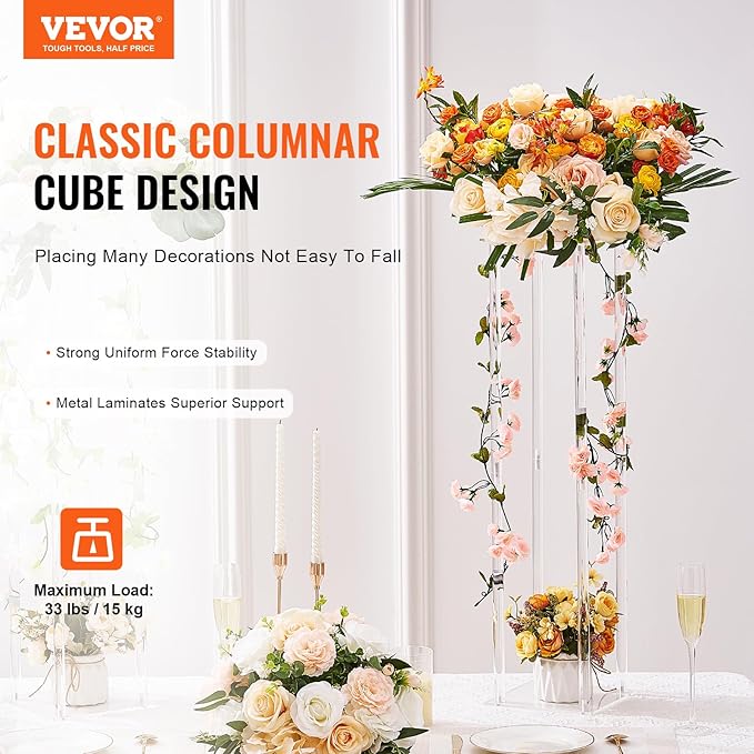 VEVOR 2PCS 31.5inch High Wedding Flower Stand, with Acrylic Laminate,Acrylic Vase Column Geometric Centerpiece Stands, Floral Display Rack for T-Stage Events Reception, Party Decoration Home