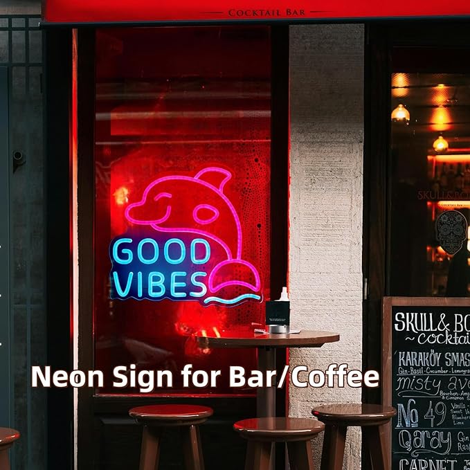 Good Vibes Neon Dolphin Sign, Ice Blue & Pink for Bedroom Wall Decor, Party or Happy Hour, Brightness Adjustable | Includes 5V Charger