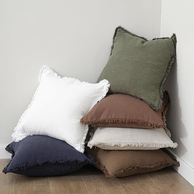 Foindtower Set of 2 Decorative Linen Fringe Lumbar Throw Pillow Covers Boho Farmhouse Cushion Cover with Tassels Soft Accent Pillowcase for Couch Sofa Bed Living Room Home Decor,12×20 Inch,Olive Green