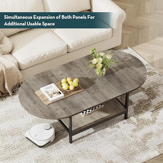 SAYGOER Coffee Tables for Living Room 2-Tier Extended Coffee Table with Storage Vintage Farmhouse Center Table for Large or Small Spaces, Foldable, Gray Wash