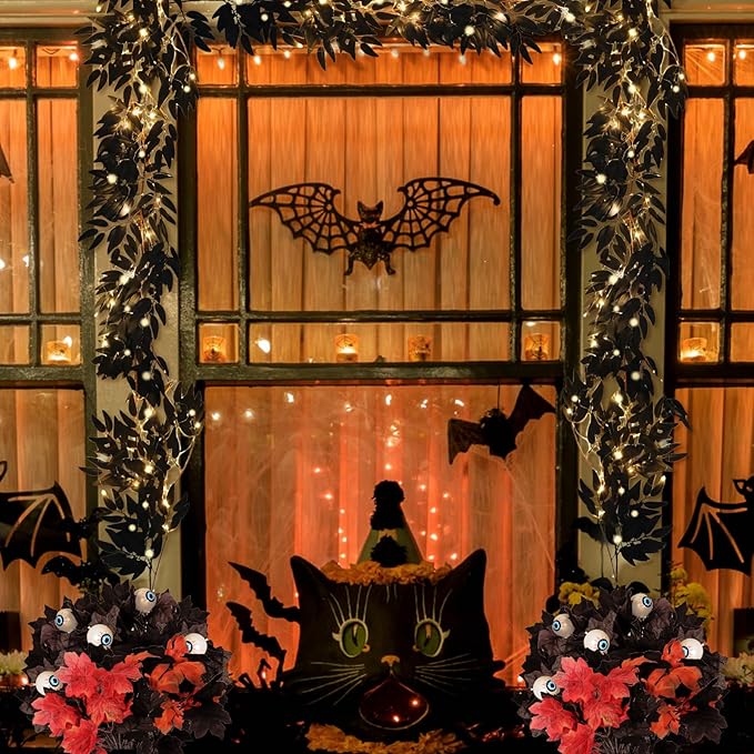 Artificial Black Willow Leaves Vine Twigs Whit Light 2Pcs 5.7Ft Fake Hanging Black Halloween Garland Faux Silk Willow Leaves Ivy Indoor Outdoor Jungle Birthday Autumn Wreath Halloween Party Decor