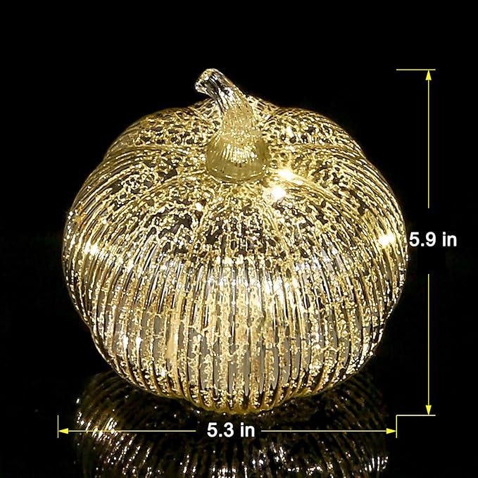 Mercury Glass Light up Pumpkin with Timer- Fall Decoration for Home-Lamps for Festive Decoration-Thanksgiving Pumpkin Decoration (Silver)