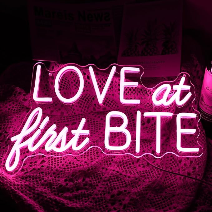 Love At First Bite Neon Sign Led Pink Words Neon Light Sign Wall Art Neon Light For Wedding Light Up Sign For bedroom Bar Pub Party 15.7"X10.2")