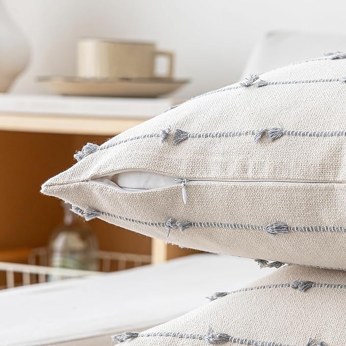 Boho Throw Pillow Covers 22x22 Set of 2 Modern Farmhouse Decorative Cushion Case Tufted Square Pillows Cover Neutral Pillow Cases Accent Pillowcase for Sofa,Couch,Bed,Beige and Grey
