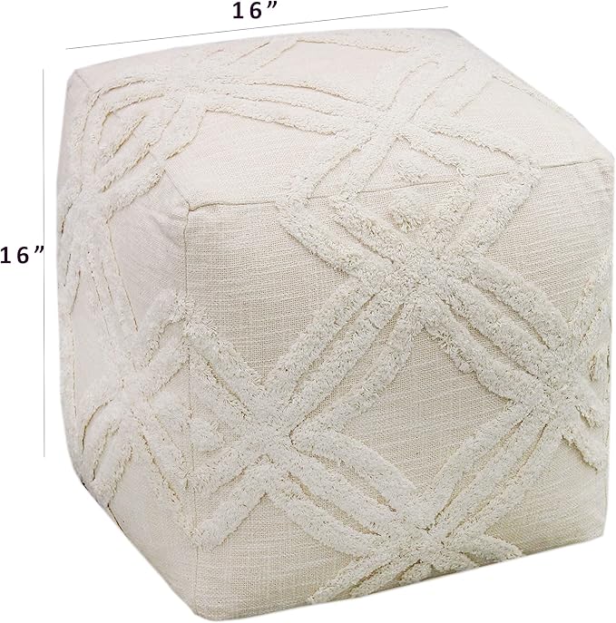 COTTON CRAFT Hand Tufted Pouf - Bedroom Dorm Home Accent - Foot Stool - Ottoman - Bean Bag - Versatile Modern Comfortable Prefilled Woven Cotton Square Pouf Footrest - 16x16x16 inches - Ivory