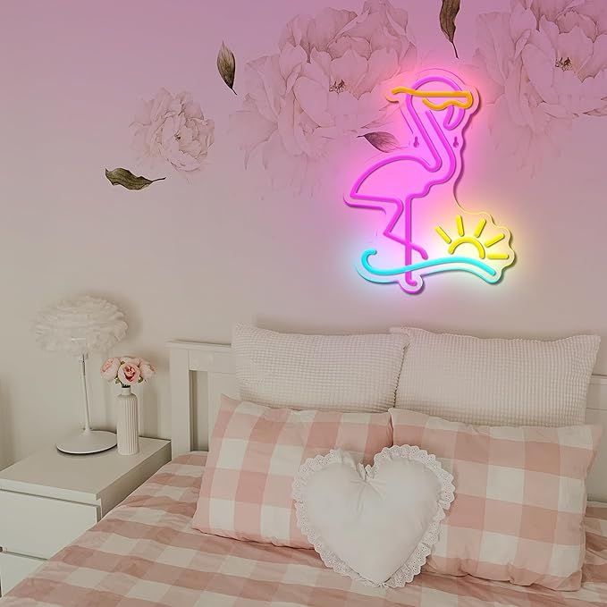 Flamingo Neon Sign Dimmable Flamingo Led Neon Lights Sun Wave Neon Signs for Bedroom Living Room Restaurant Man Cave Bar Club Party Decoration Gift