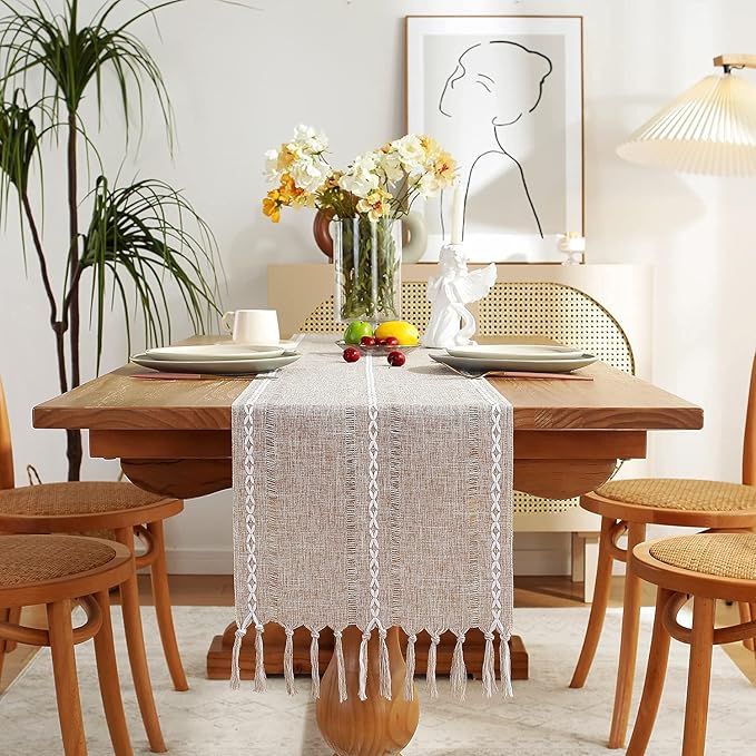 Chassic Fall Rustic Farmhouse Style Linen Table Runner, Boho Handmade Tassel Table Runners 108 Inches Long for Holiday Party, Thanksgiving and Dining Decorations, 13 x 108 inch - Light Coffee