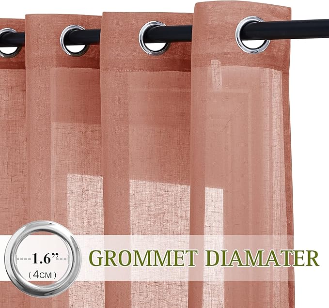 NICETOWN Washed Linen Curtains for Window, Grommet Natural Linen Semi Sheer Window Treatment Privacy with Light Filter Vertical Drapes for Bedroom, Terracotta=Burnt Orange, 2 Panels, W52 x L63