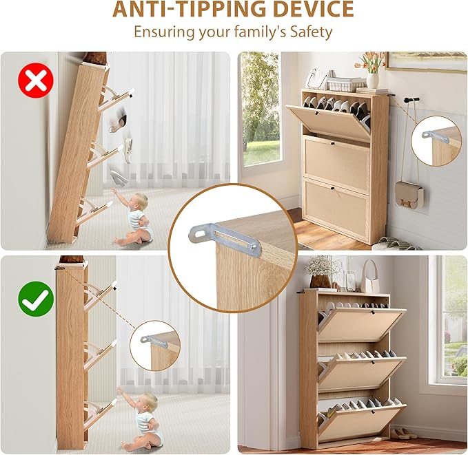 AVZEAR Narrow Shoe Storage Cabinet for Entryway with Natural Linen Panel, Freestanding Slim Shoe Cabinet with 3 Flip Drawers, Wood Shoe Organizer Closed Shoe Rack for Hallway, Living Room(Natural)