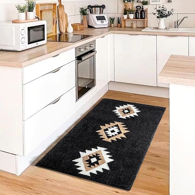 DEXDE Boho Bathroom Rugs 24x36, Black Aztec Bath Mat Non Slip Western Geometric Bath Rugs Luxury Soft Absorbent Carpet for Bathroom Shower Kitchen Entryway Farmhouse Modern