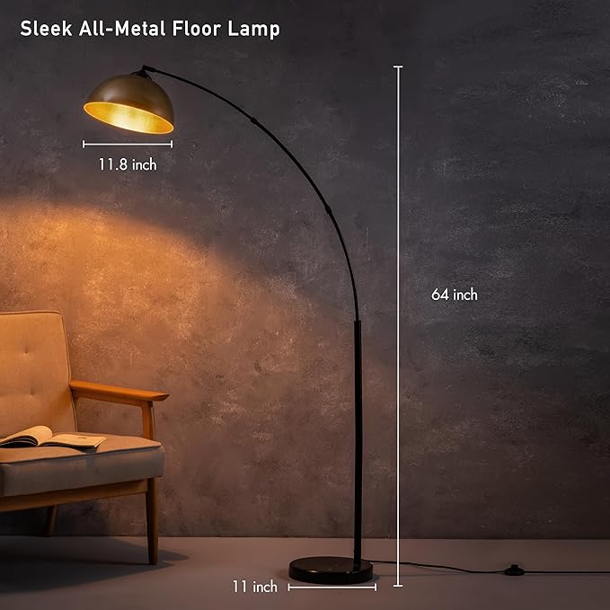O'Bright Moab - Modern Arc Floor Lamp with Adjustable Dome Shade, Marble Base, and Foot Pedal Switch, 64 Inch - Ideal for Living Room, Bedroom, Office, Brushed Gold
