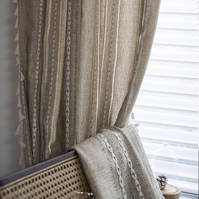 ColorBird Boho Curtains 96 inches Long, Striped Tan Embroidered Light Filtering Curtain for Living Room Bedroom Nursery Office