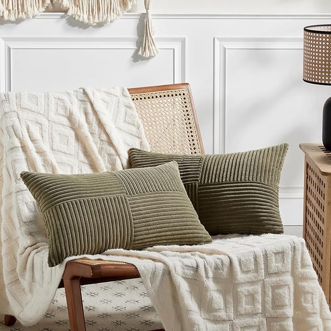 Fancy Homi 2 Packs Olive Green Lumbar Decorative Throw Pillow Covers 14x24 Inch for Couch Bed, Farmhouse Boho Home Decor, Soft Striped Corduroy Rectangle Accent Cushion Case 35x60 cm