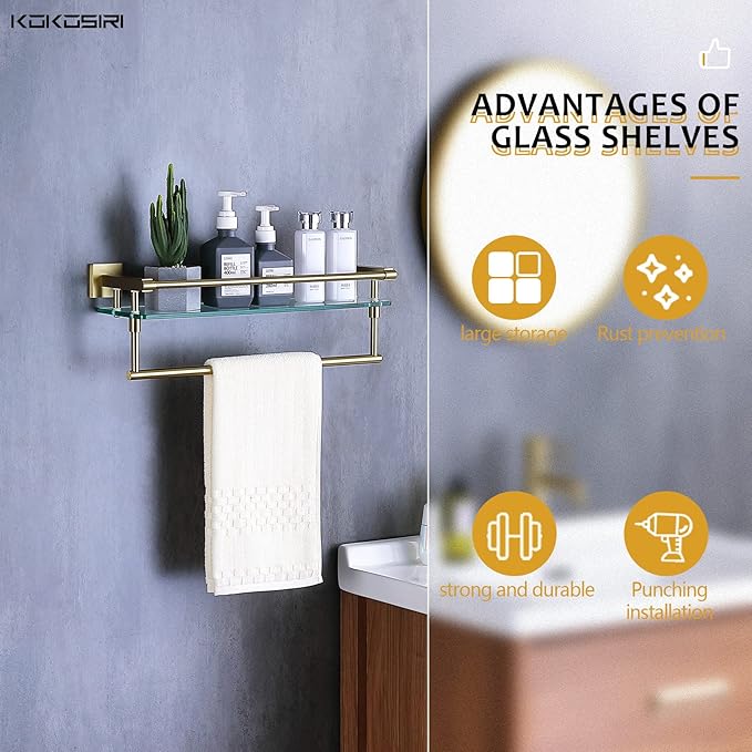 KOKOSIRI Bathroom Shelves with Towel Holder Rustproof 20'' Bathroom Tempered Glass Shelf with Rails Wall Mounted Stainless Steel, Brushed Gold Finish, B1103BG-L20