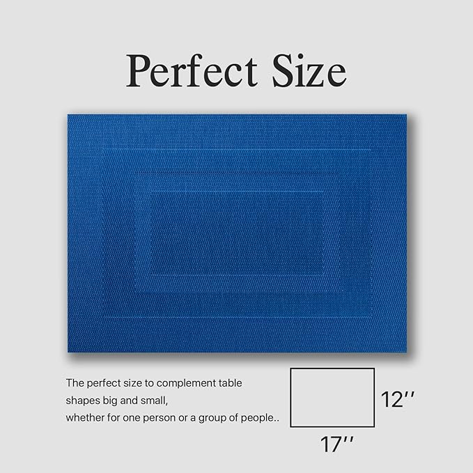 Placemats Set of 12 - Easy Clean Woven Vinyl Placemats for Dining Table, Indoor/Outdoor Place Mats, Washable PVC Table Mats(Navy Cube)