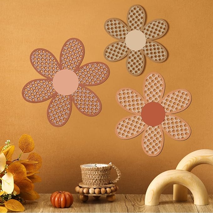 Maitys 3 Pieces Boho Daisy Wall Decor Natural Rattan Flower Wall Hanging Art Wooden Boho Art Nursery Flowers Farmhouse Hanging Decor for Home Office Nursery(Fresh Color)