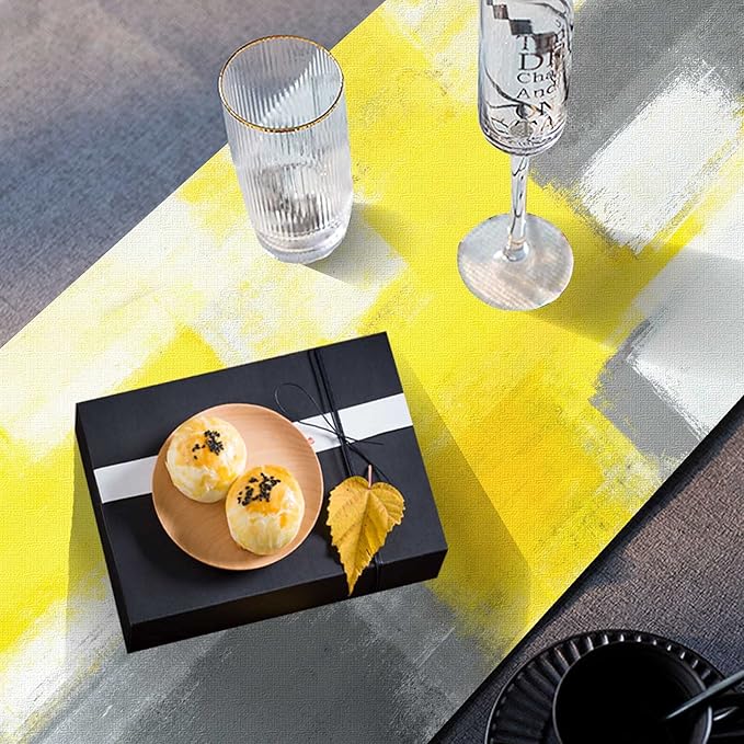 Mcalk Yellow Table Runner and Placemats Set of 6 Pieces, Grey Placemats Modern Art,Abstract Art Cloth Place Mats Indoor for Kitchen,Washable Placemats Linen Material for Dining Table