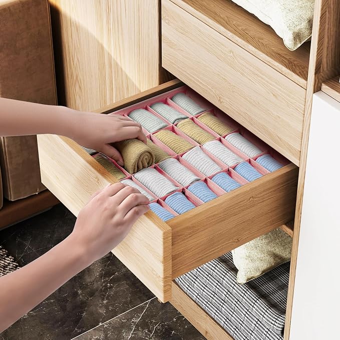 Joyoldelf Sock Organizer Drawer Organizer - 2 Packs Underwear Organizer, 24 Cells Collapsible Closet Organizers and Storage Sock Holders Organizers for Storing Socks, Ties, Belts(Pink)